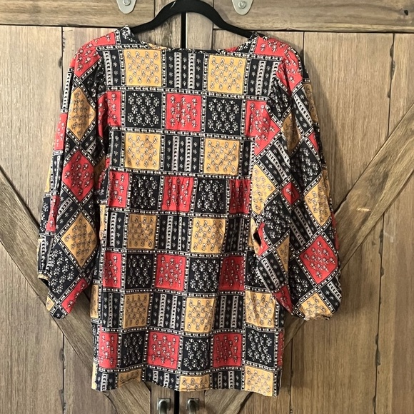 SUNNER Boho Patchwork Cotton Top Gold/Red/Black 3/4 Length Sleeve Size Small - Picture 2 of 4